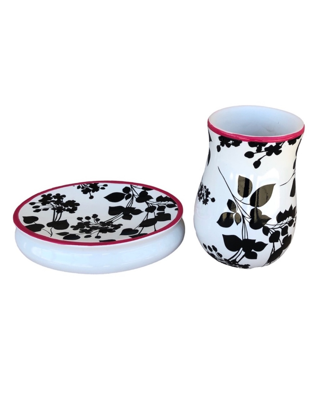 Steve Madden Ceramic Juliet Soap Dish Vase Black White floral Bathroom Accessory